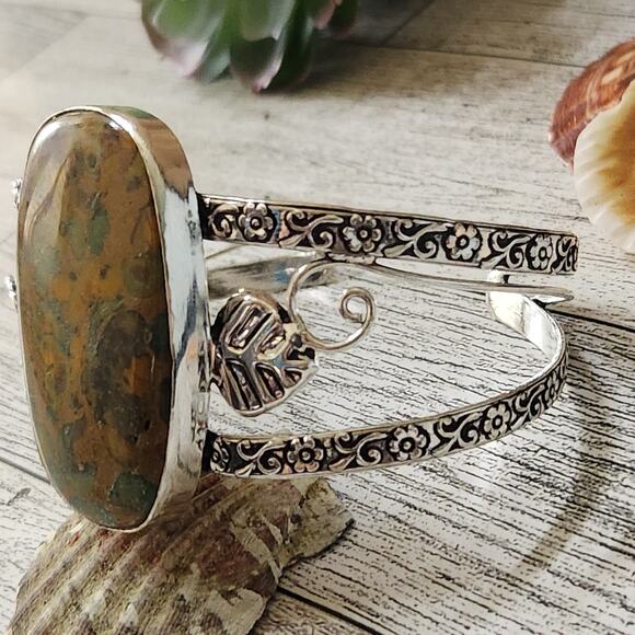 Wide Silver Cuff, Terra Harmony Earthy Color Jasper Cuff Bracelet - Picture 6 of 10